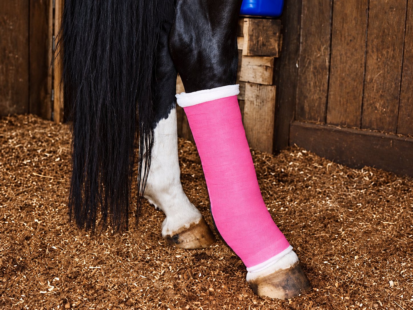 Gros plan sur la jambe d'un cheval recouverte d'un bandage rose vif, debout sur une litière de copeaux dans un box.