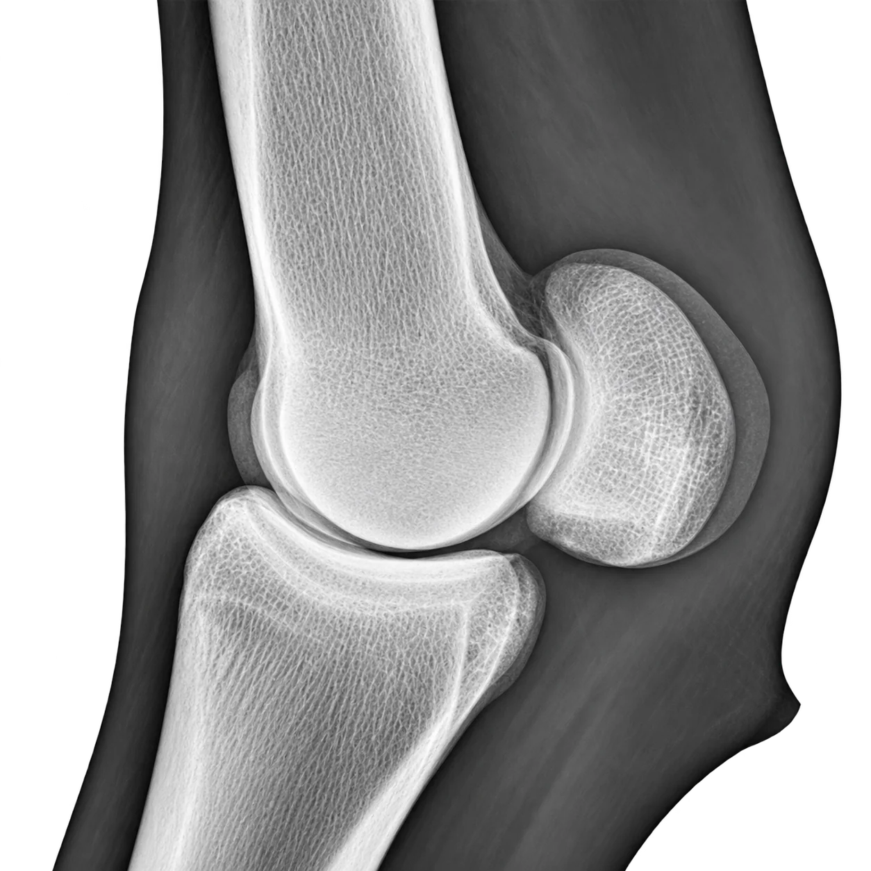 Radiographie en noir et blanc d'un genou vu de profil, montrant le fémur, le tibia et la rotule.