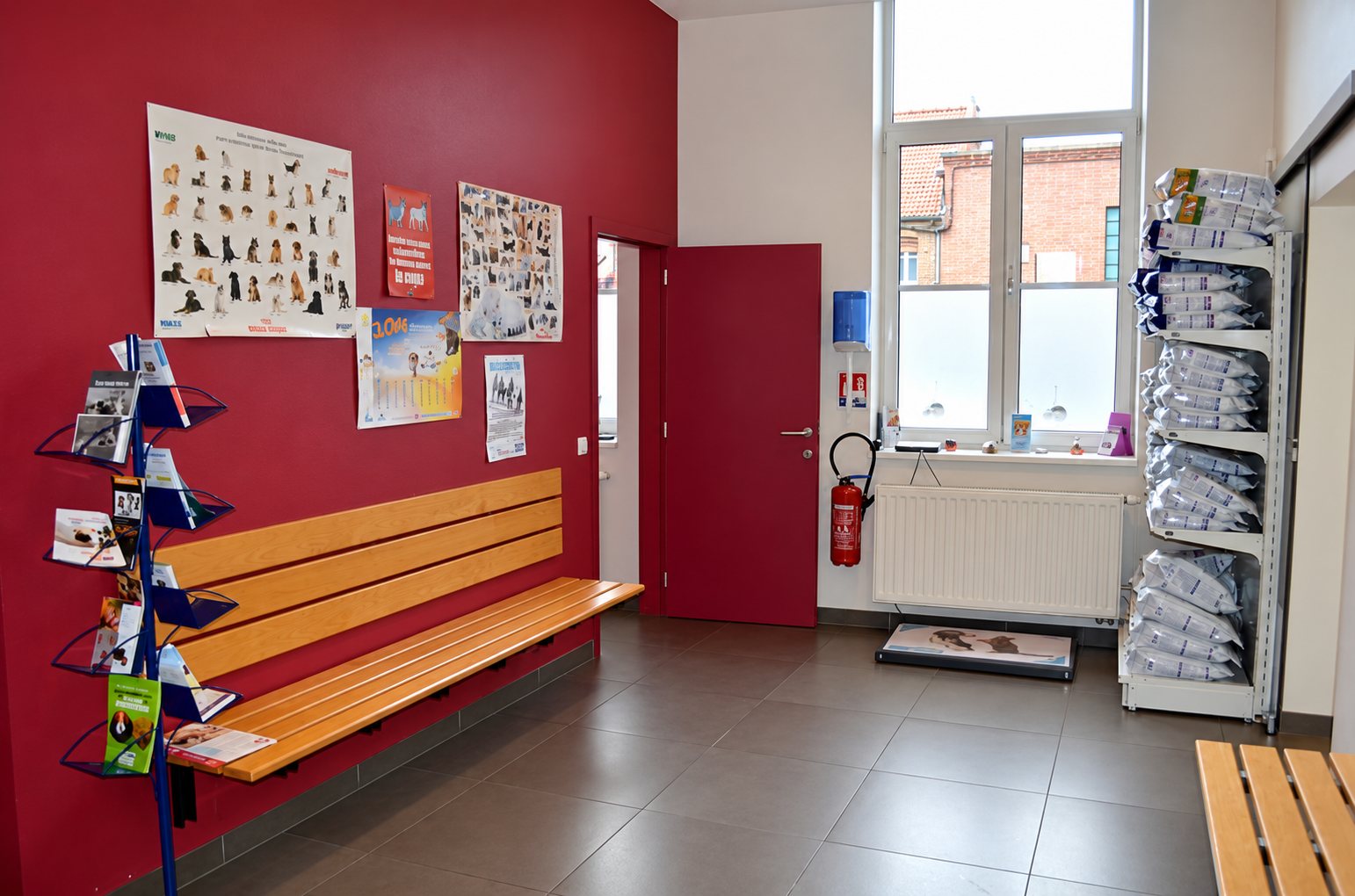 Salle d'attente aux murs rouges équipée d'un banc en bois, d'un présentoir de brochures et d'une étagère de sacs de croquettes près d'une grande fenêtre.